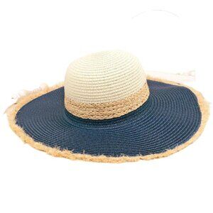 Cancun Cabana Navy & Ivory Paper‎ Straw Wide Brim Floppy Sun Hat NWT
